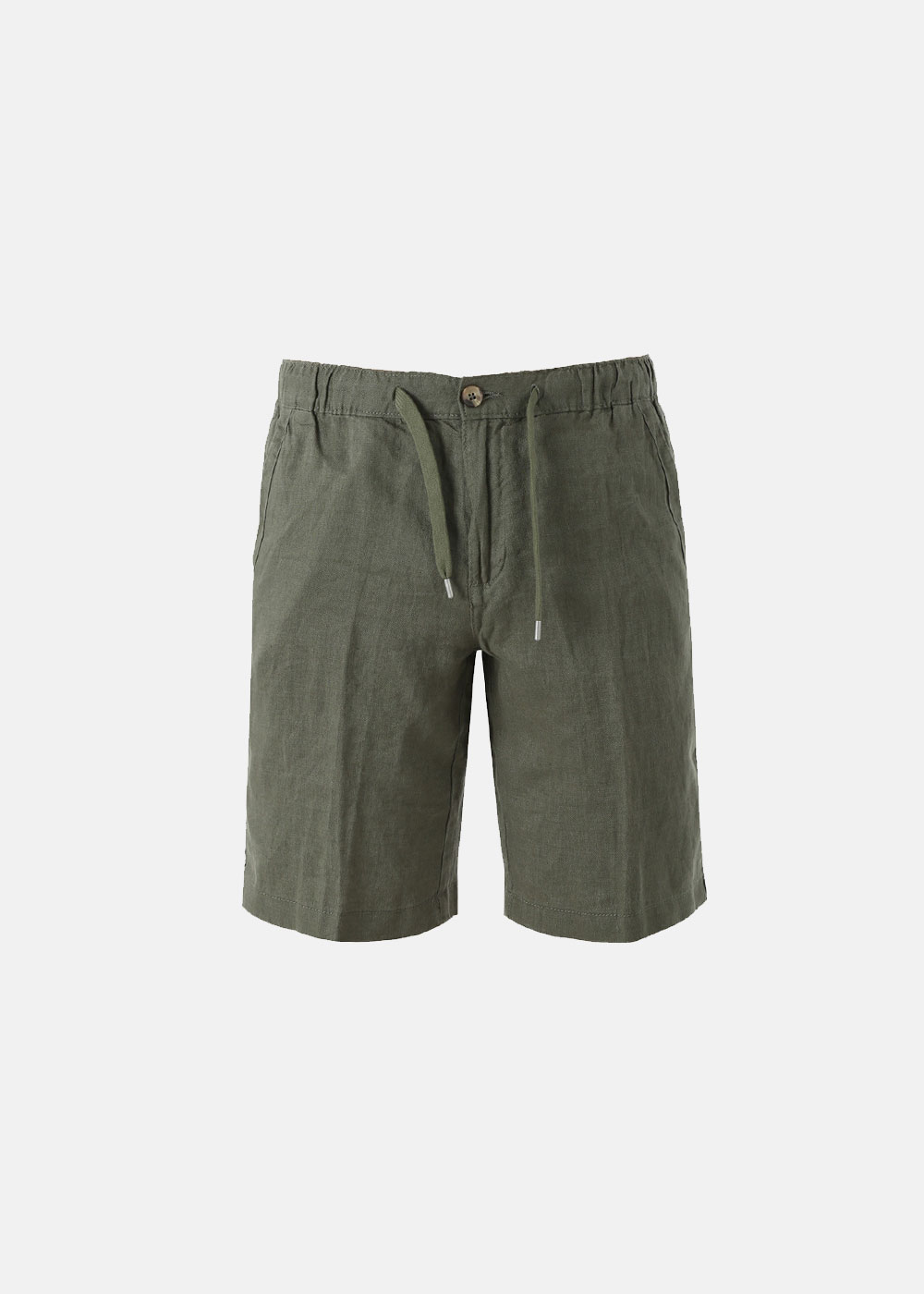 Olive green men's linen drawstring shorts with button waist and side pockets on white background