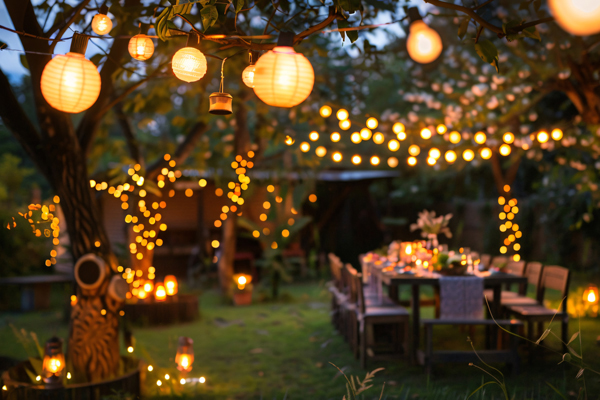 Outdoor evening garden dinner with a long table set for guests, warm string lights and paper lanterns hanging from trees