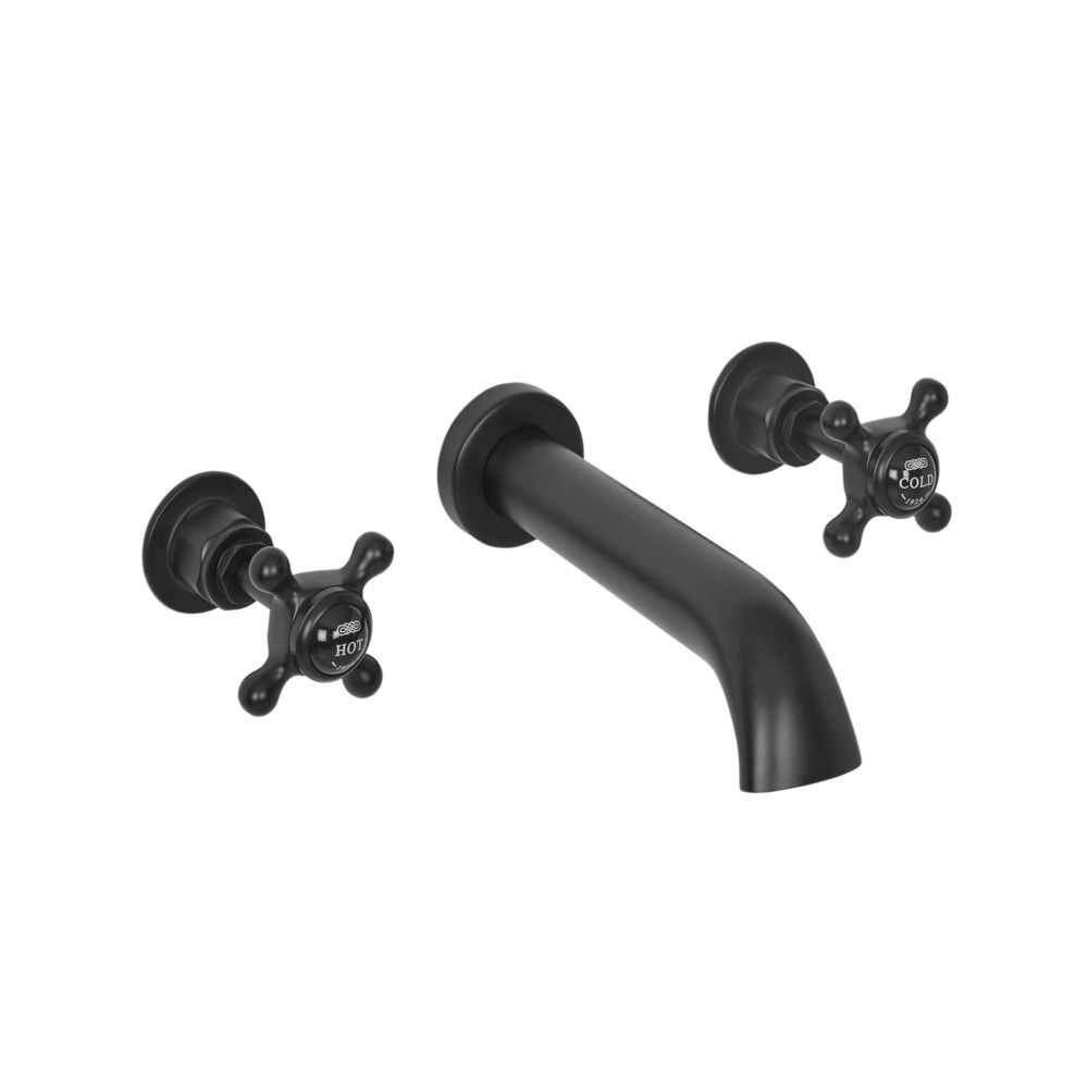  Rubinetto Miscelatore Murale a 3 Fori per Lavabo con Maniglie a Croce - Nero 
