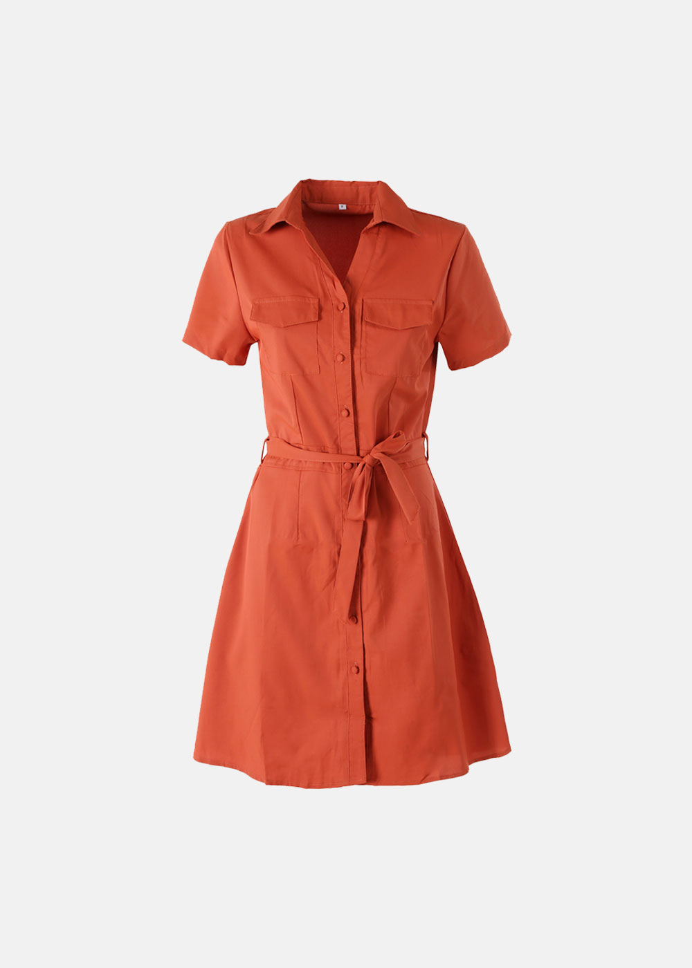 Rust-orange short-sleeve shirt dress with collar, button-front, waist-tie belt and patch pockets on a white background