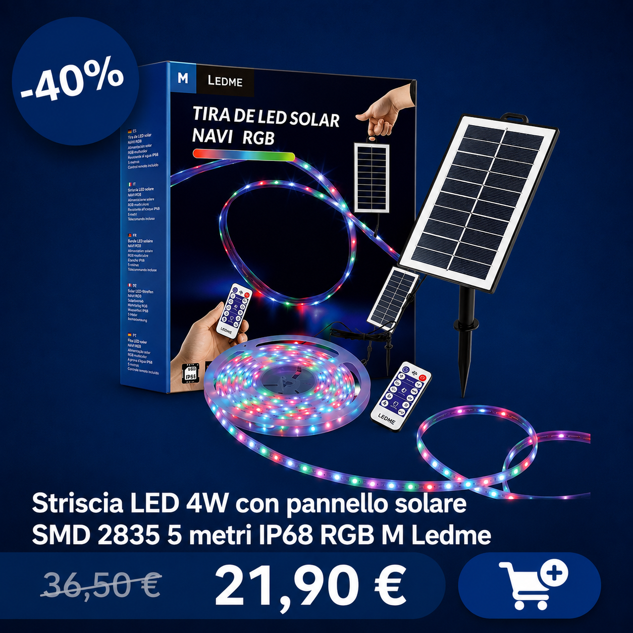 5-metre RGB solar LED strip lights (IP68) with solar panel and remote control, 4W SMD 2835, boxed product on sale -40%