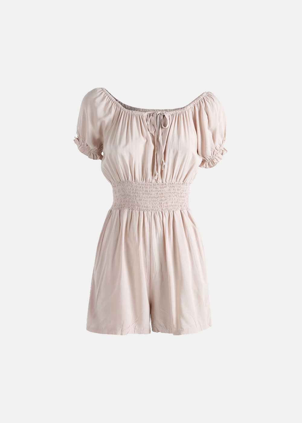 Women's blush pink off-shoulder romper with smocked waist, short puff sleeves and front tie detail