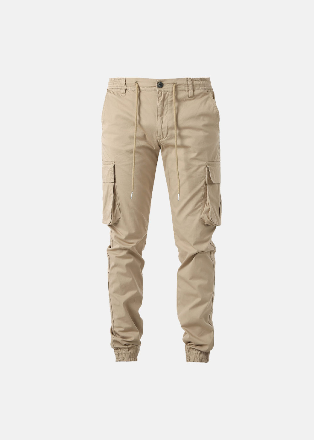 Beige men's cargo jogger trousers with drawstring waist, elasticated cuffs and side flap pockets, front view on white background