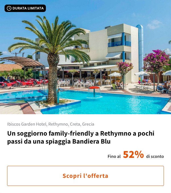 Un soggiorno family-friendly a Rethymno a pochi passi da una spiaggia Bandiera Blu