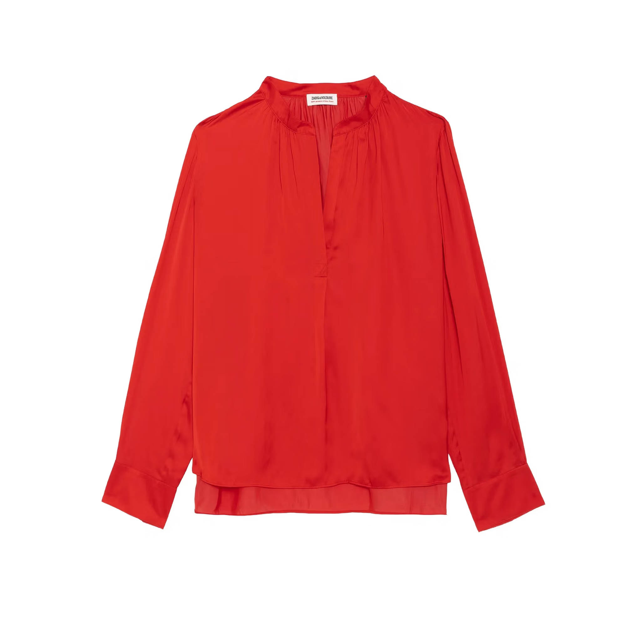 Red silk long-sleeve women's blouse with split V-neck and relaxed fit, photographed on white background