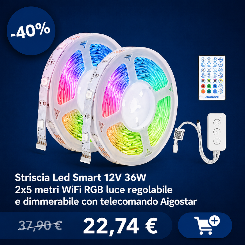 Two reels of Aigostar Wi‑Fi RGB LED strip lights (2×5m, 12V 36W) with remote and controller, dimmable, 40% off promotion