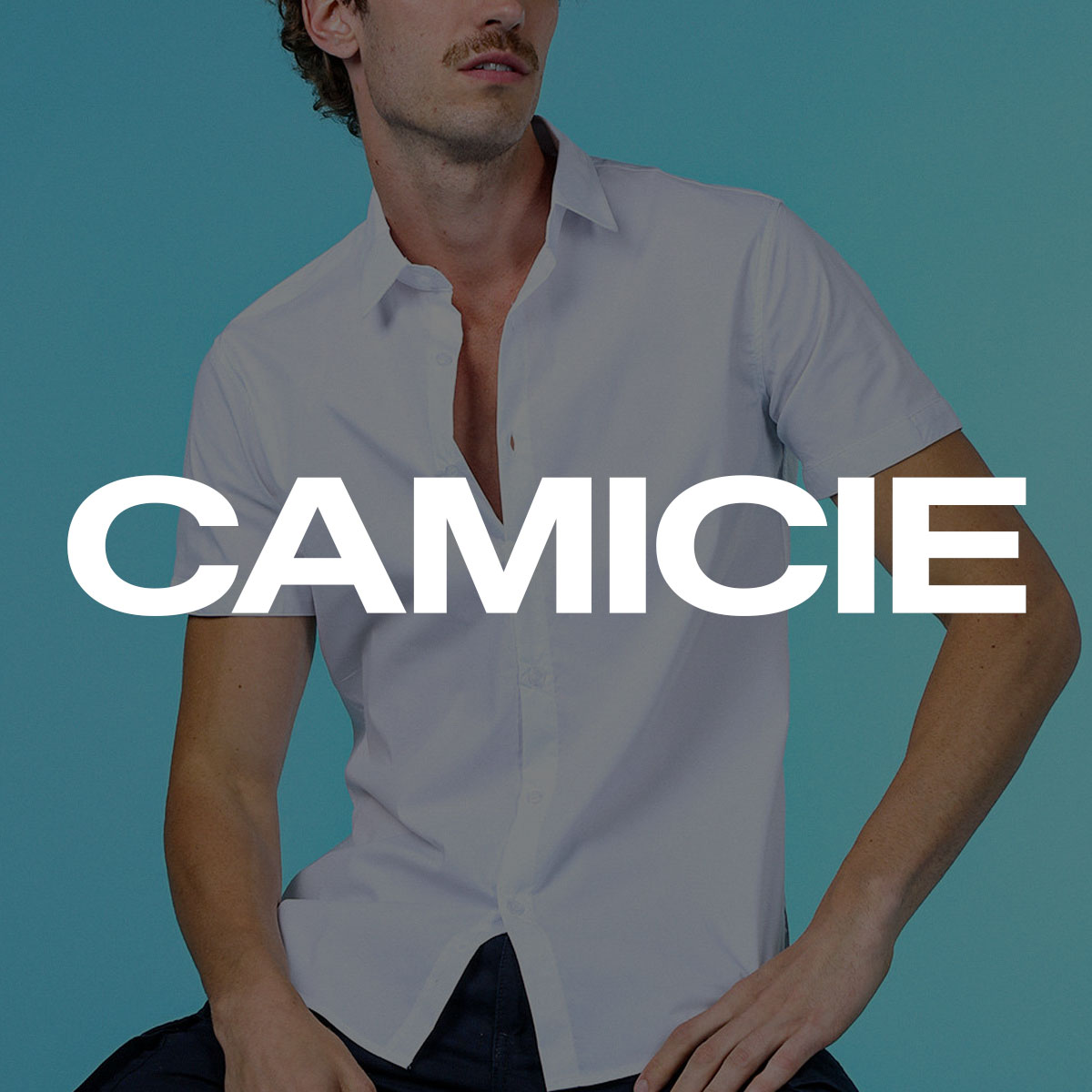 Male model wearing a white short-sleeve shirt against teal background with 'CAMICIE' logo overlay