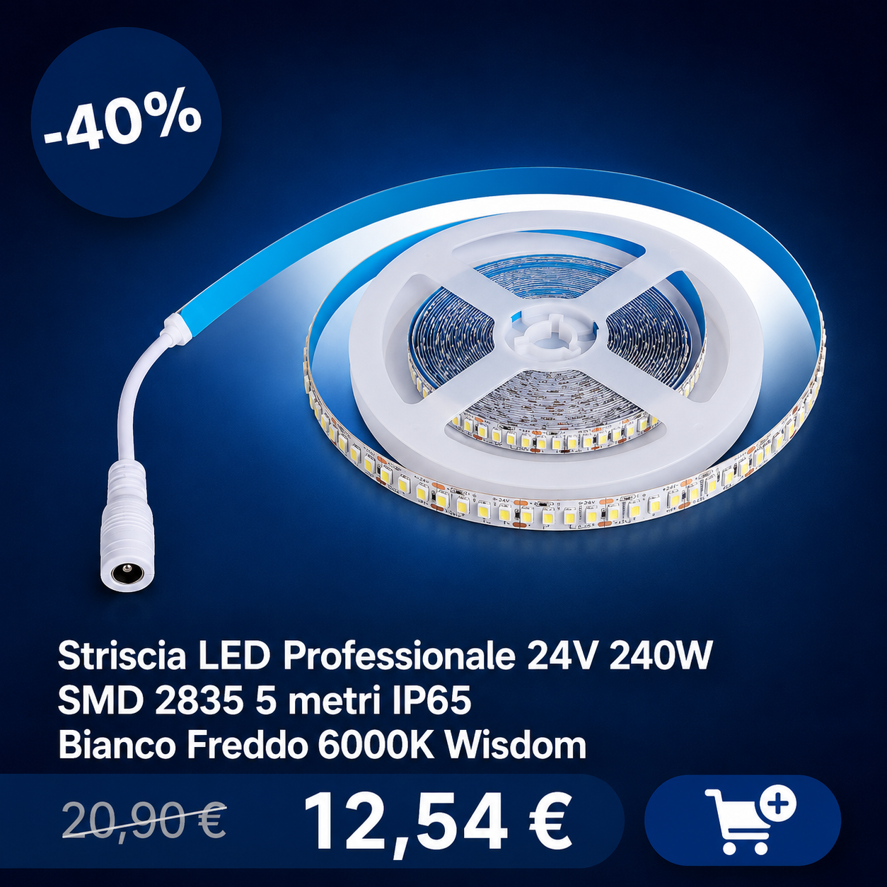 Reel of 5m SMD 2835 LED strip with connector, IP65 cool white 6000K, -40% discount badge and sale price