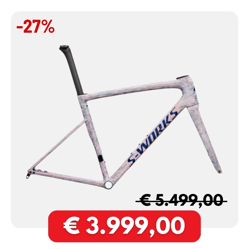S-Works carbon road bike frame in pink marble finish with red €3.999,00 price badge and −27% discount
