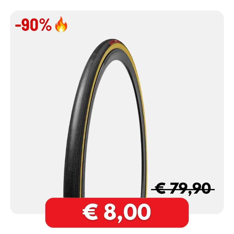 Road bicycle tyre with yellow sidewall on white background, -90% sale badge and reduced price €8 (was €79,90)
