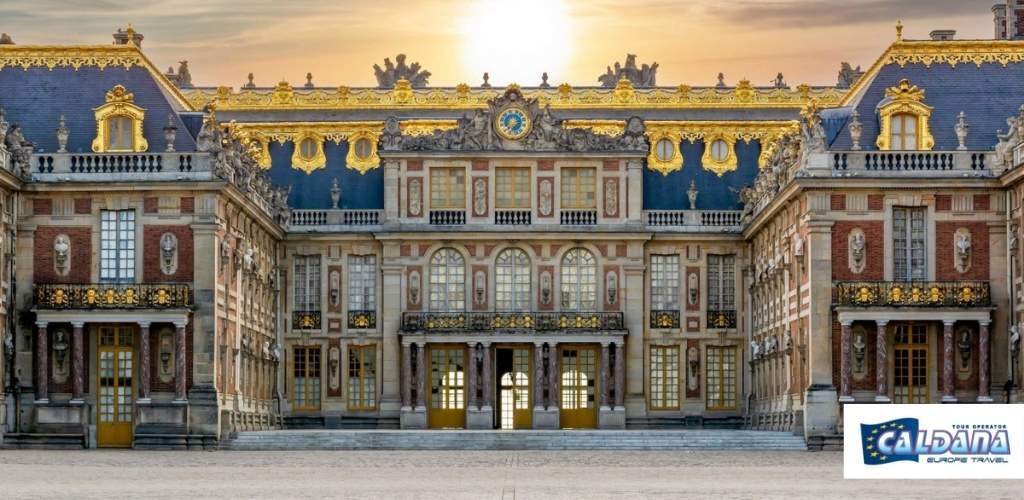 Front façade of the Palace of Versailles at sunrise, ornate gold-trimmed roofs and symmetrical stone courtyard, travel logo bottom right