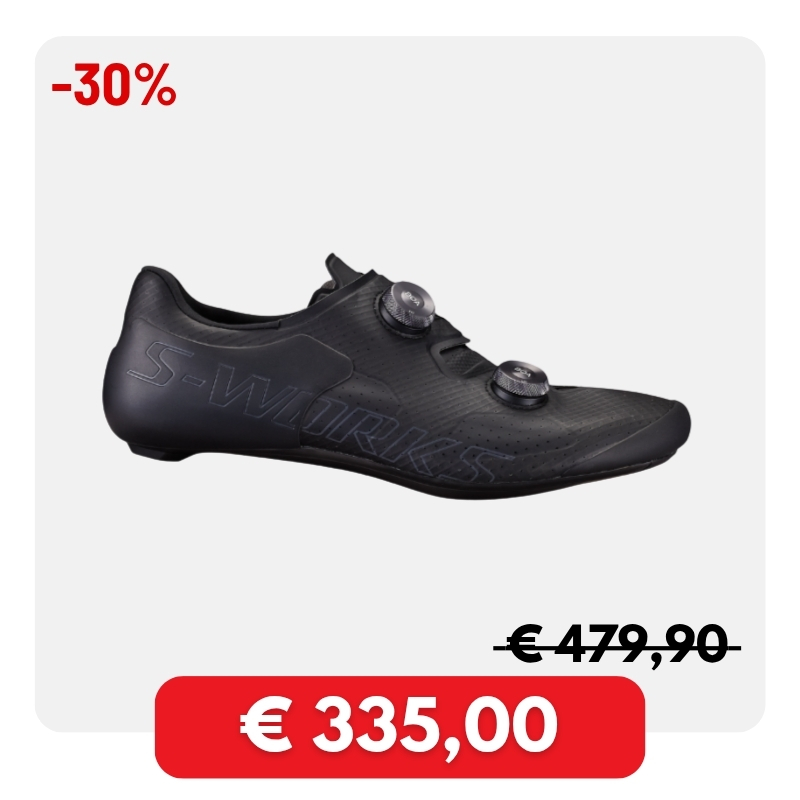 Black S-Works road cycling shoe with dual BOA dials, S-WORKS branding, -30% promotional badge and sale price €335