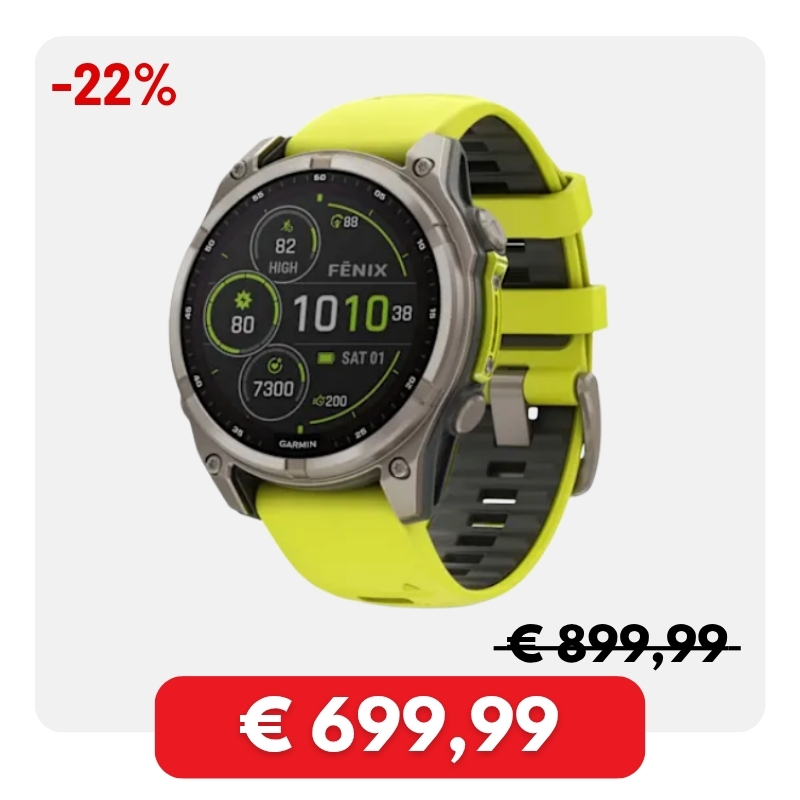Garmin Fenix multisport GPS smartwatch with neon yellow strap, showing -22% discount and price €699,99 (was €899,99)