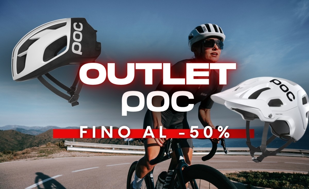 Cyclist wearing white POC helmet on a winding coastal road, two POC helmets floating and bold "OUTLET – up to 50% off" banner