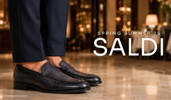 Close-up of men's black leather loafers with navy cropped trousers on a polished marble floor in an elegant interior, Spring Summer sale text