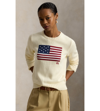 Maglia in cotone beige con bandiera
