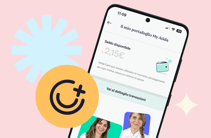 Two smartphones showing a digital wallet app with €2.15 balance, user avatars and yellow smiling-plus icons on a pink background