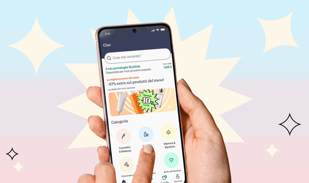 Hands holding smartphone displaying a shopping app with search bar, category icons and a 10% promo banner on a pastel star background