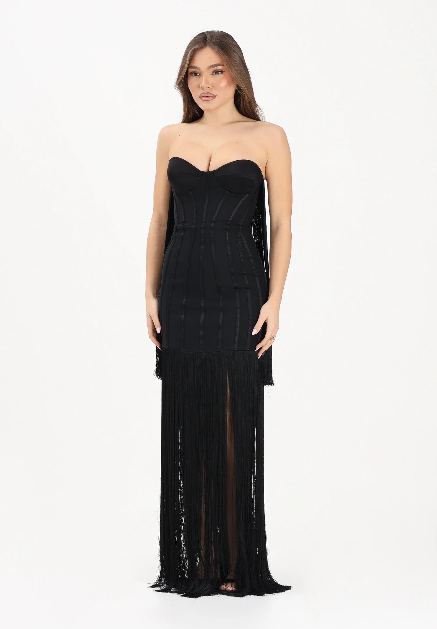 Image of ELISABETTA FRANCHI Abito lungo nero da donna con frange