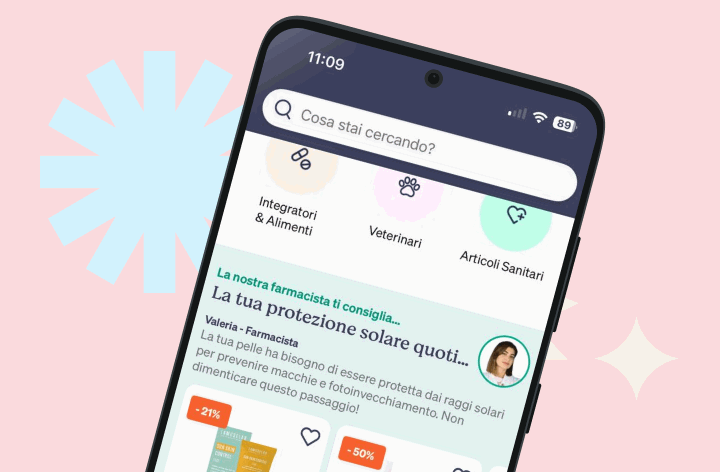 Two tilted smartphones showing a pharmacy app search bar and sunscreen recommendations on a pink background with sun icons