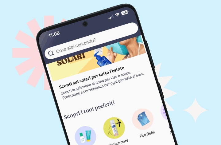Two smartphones showing an Italian shopping app with sun-care deals and product icons on a pastel blue background