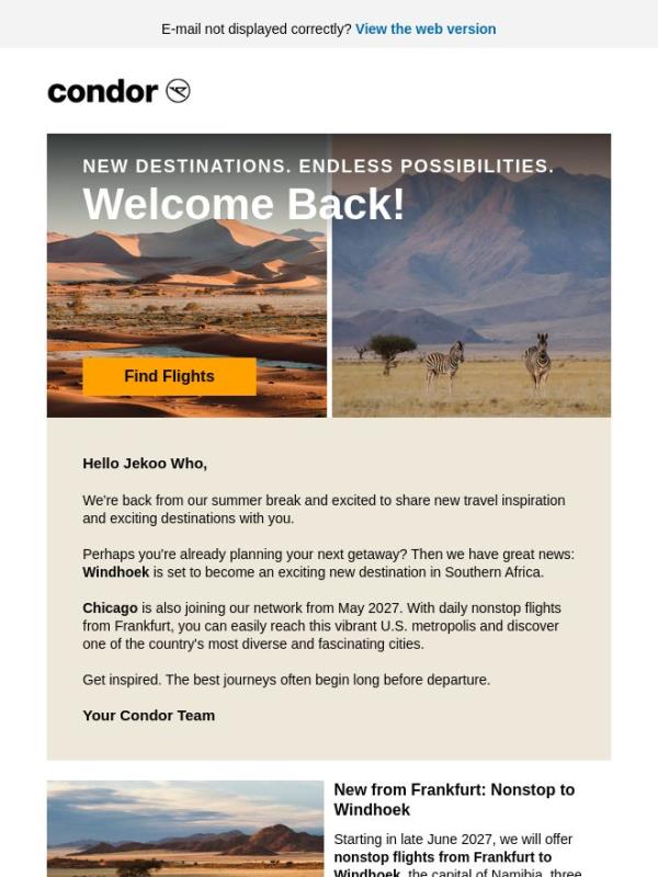 New From Frankfurt: Windhoek and Chicago Await You.