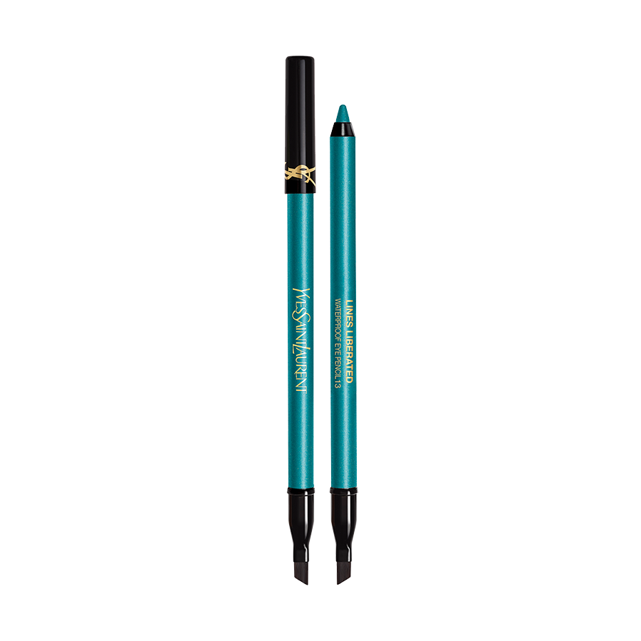 Una matita occhi waterproof YSL color blu turchese mostrata aperta accanto al suo cappuccio.
