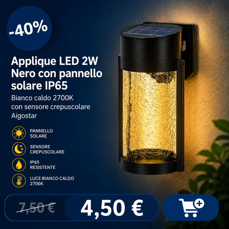 Black outdoor LED wall light with solar panel and crackle glass, warm 2700K glow, IP65 rated; 40% off €4.50