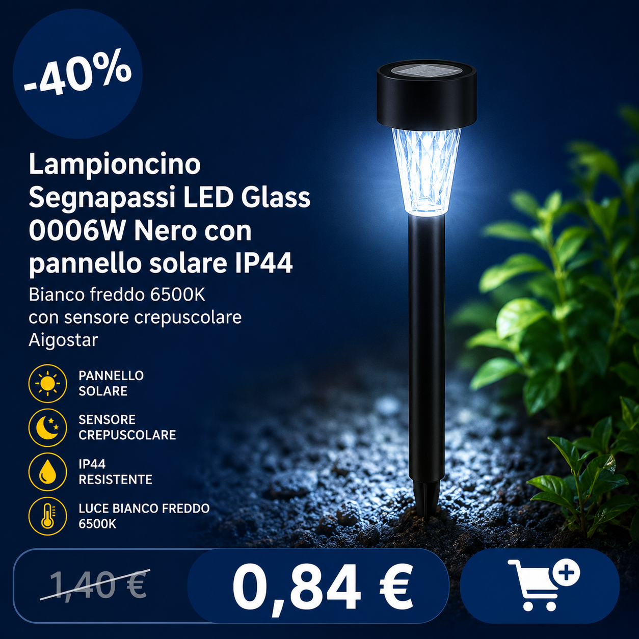 Black solar LED garden stake light with glass diffuser, cold white 6500K, IP44 and twilight sensor — promotional 40% off price €0.84