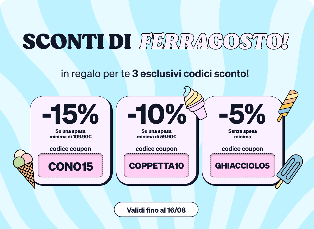 Ferragosto promo banner: three ice‑cream coupons — CONO15: -15% (min €109.90), COPPETTA10: -10% (min €59.90), GHIACCIOLO5: -5% until 16/08