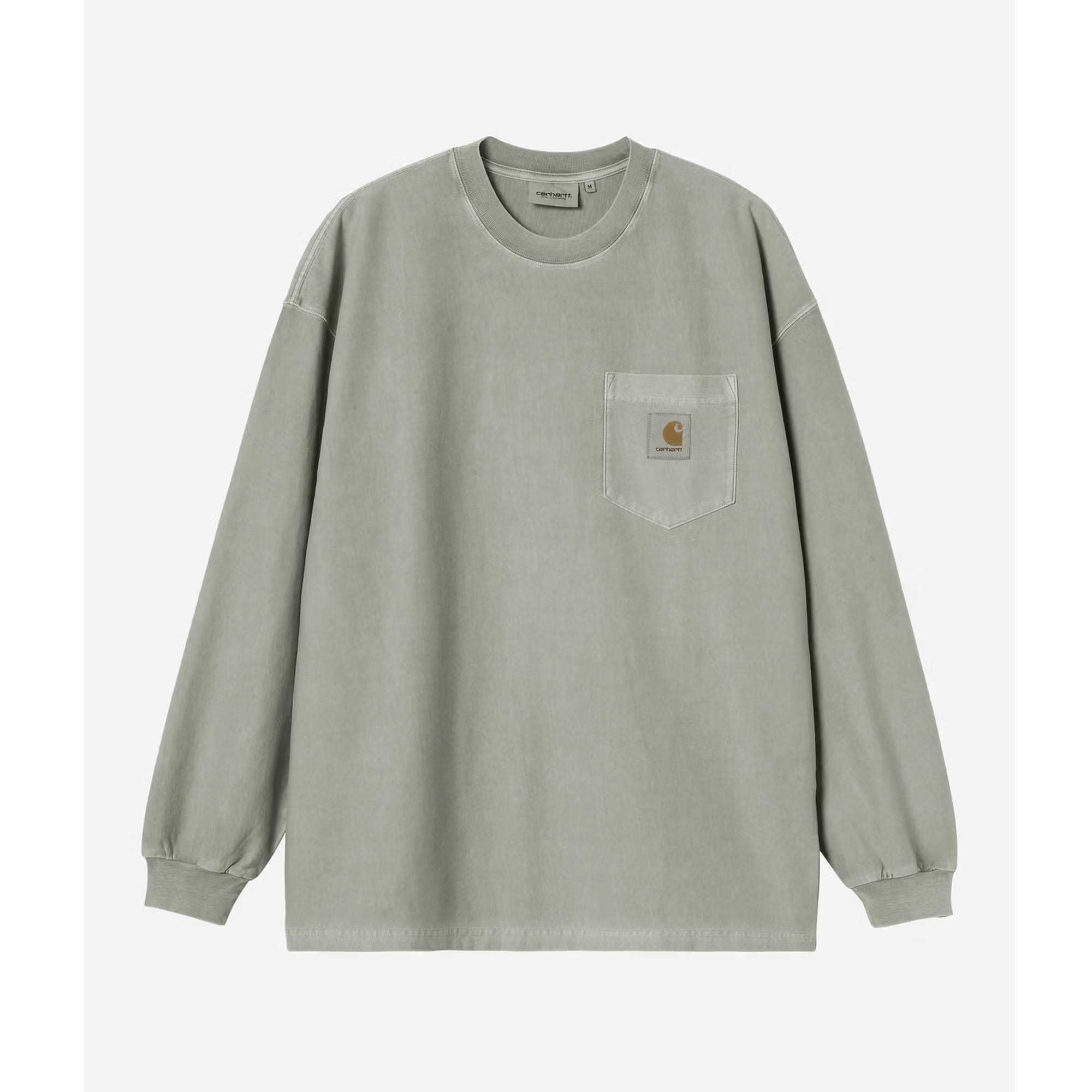 Sage green washed cotton Carhartt long-sleeve t-shirt with chest pocket and Carhartt logo patch, relaxed fit