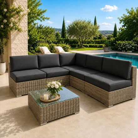 Salotto Angolare da Giardino 5 Posti con Cuscini e Tavolino in Rattan Intrecciato a Mano