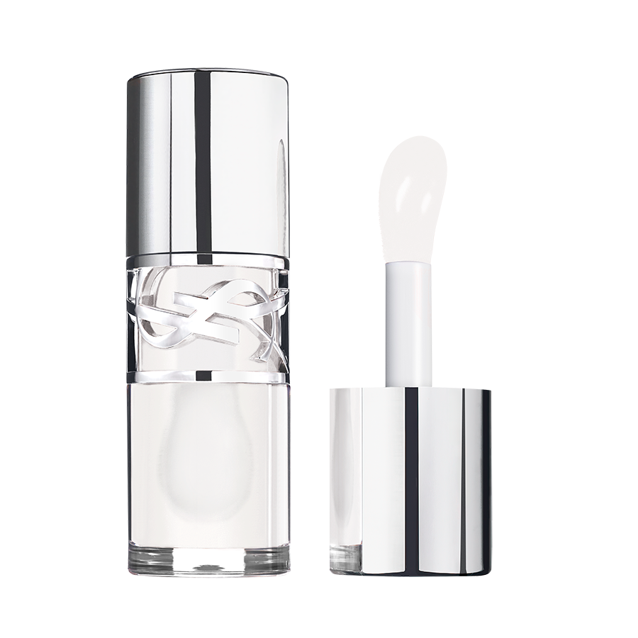 Un olio labbra o gloss trasparente YSL in un elegante flacone d'argento con il suo applicatore.