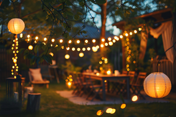Evening garden scene with warm string lights and paper lanterns over a wooden dining table and chairs for an outdoor dinner