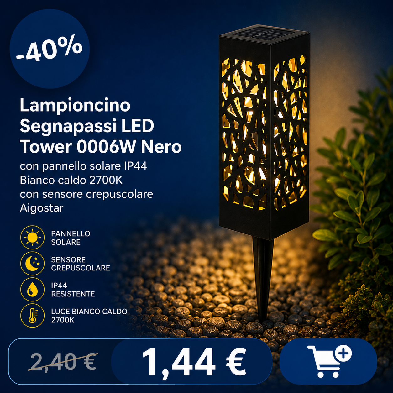 Black solar LED garden stake with decorative cut-out tower emitting warm 2700K light on pebbles, dusk sensor, -40% sale price €1.44