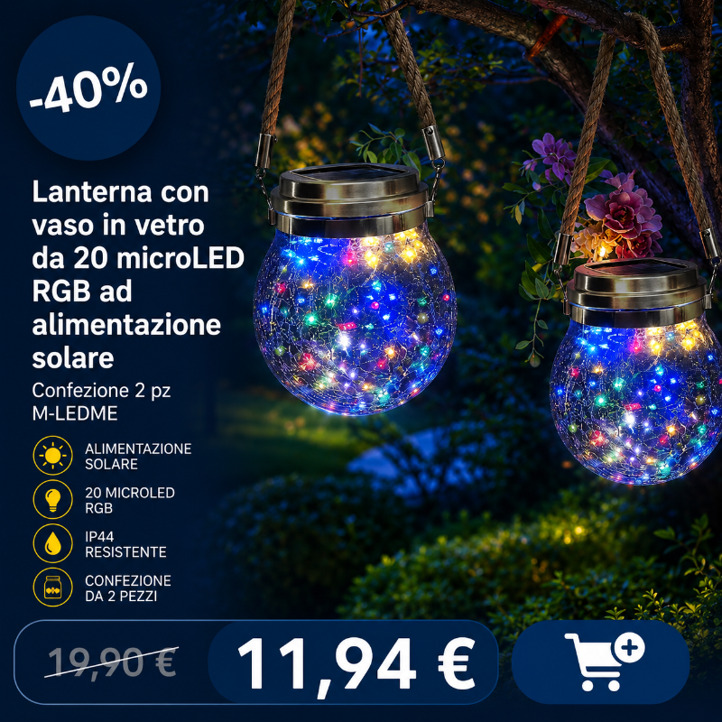 Two hanging solar-powered glass jar lanterns with 20 microLED RGB fairy lights, multicolour glow in an outdoor garden setting, 40% off