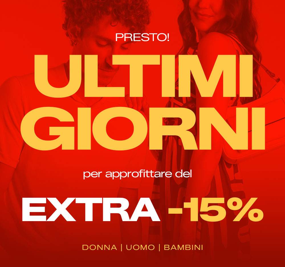 Red sale poster reading 'ULTIMI GIORNI' and 'EXTRA -15%' over blurred models — sale on women’s, men’s and children’s clothing