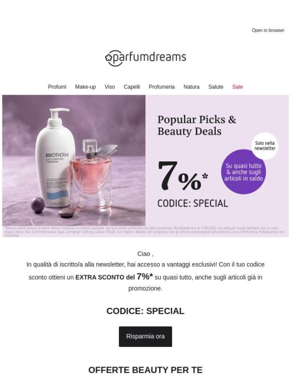 In esclusiva nella newsletter: 7%* EXTRA su quasi tutto 💌