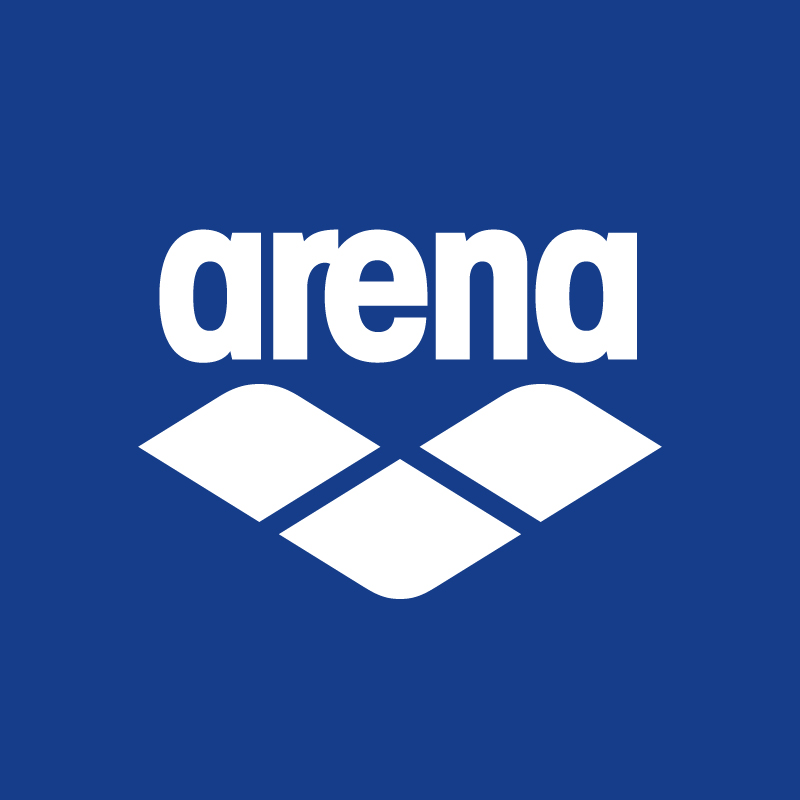 Arena logo — white 'arena' wordmark above three white diamond-shaped swim symbols on a blue background