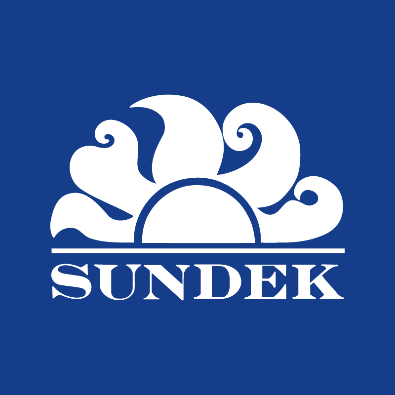 Sundek logo: white stylised rising sun and waves above a horizontal line with 'SUNDEK' text on blue background