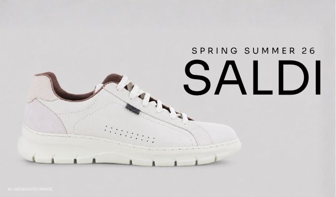 White leather casual sneaker with perforated side and brown lining on light background, with 'Spring Summer 26 SALDI' sale text