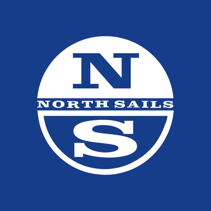 North Sails logo: white circular emblem with a large 'N' above, 'S' below and 'NORTH SAILS' text on a blue background