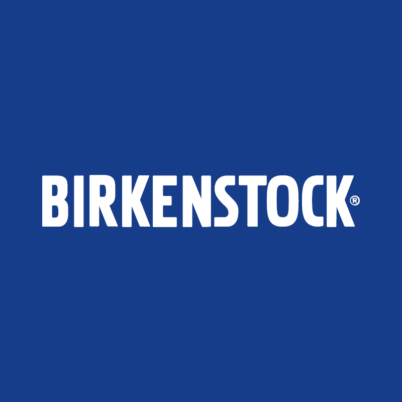 Birkenstock logo in white uppercase letters on a solid blue background