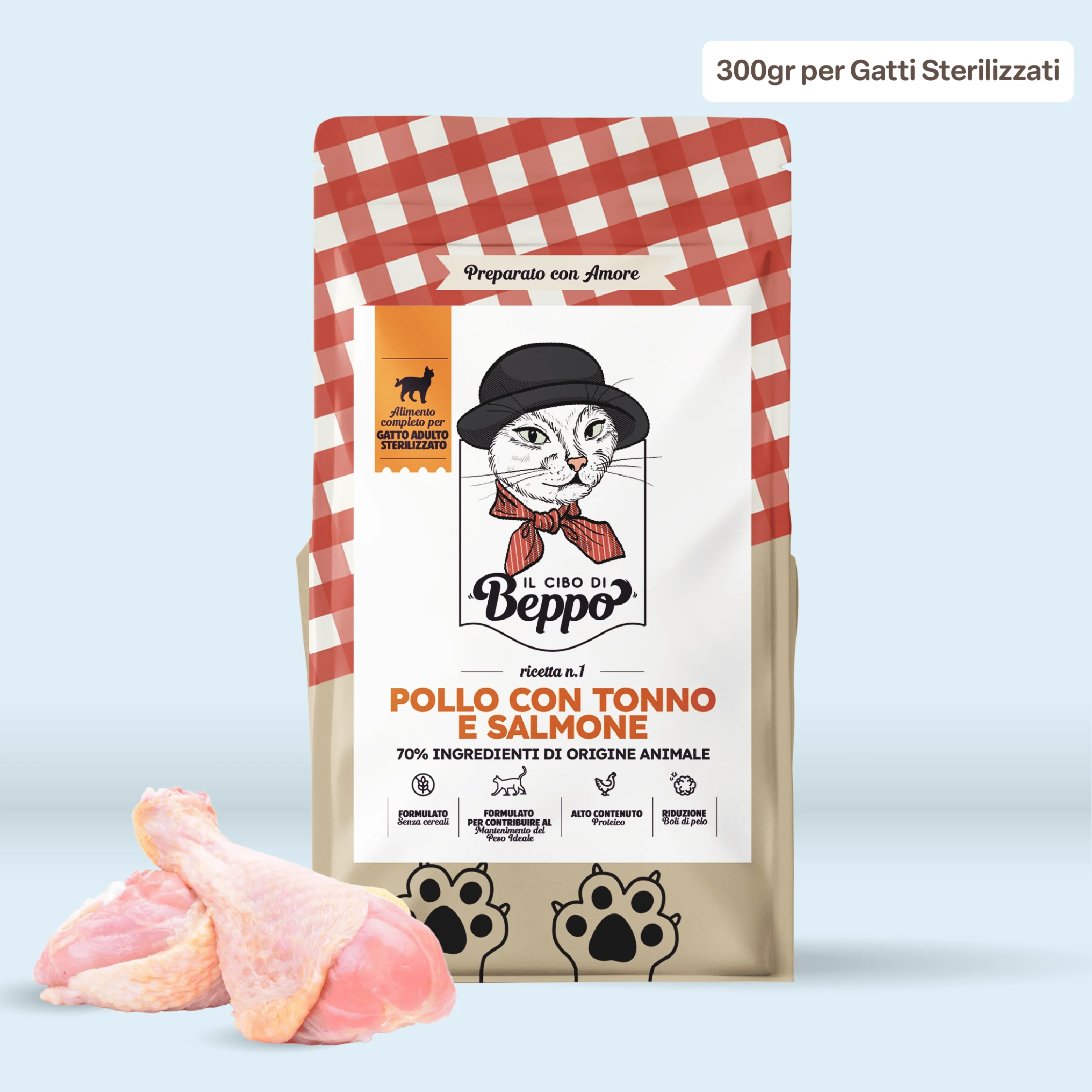 Image of Il Cibo di Beppo - Crocchette per Gatti Sterilizzati - Ricetta Grain Free - Formulata senza grano e senza glutine - Alimento Completo - 300g