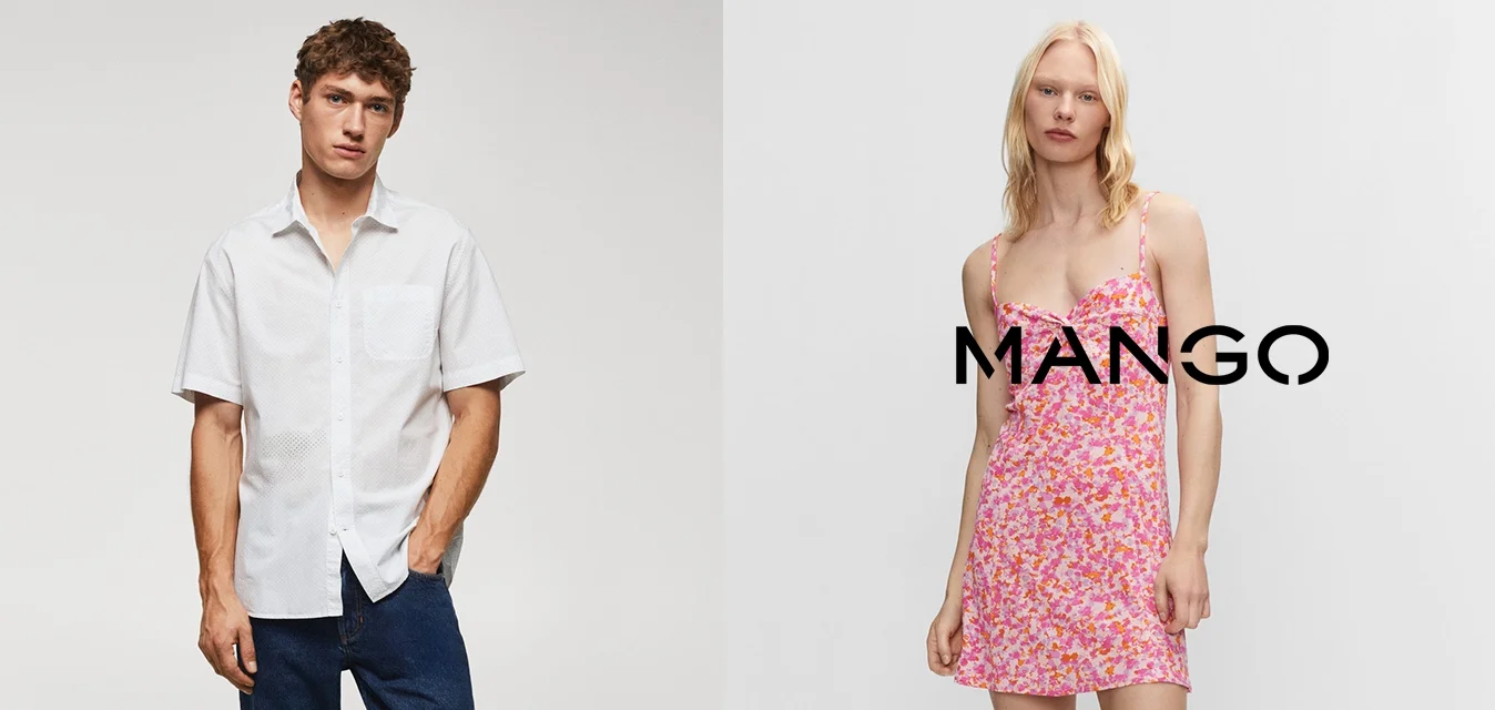 Camicia bianca a maniche corte con tasca e texture perforata a sinistra; vestito rosa a fiori con spalline sottili a destra.