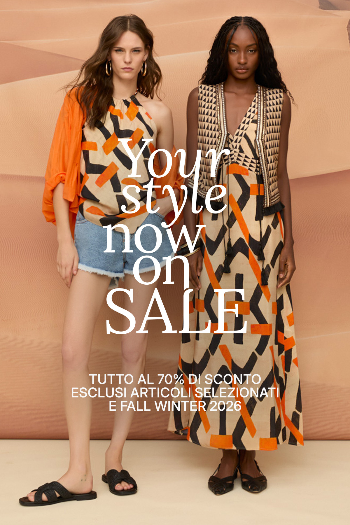Two female models in orange geometric summer outfits against a sandy backdrop with promotional 'Your style now on SALE' text overlay