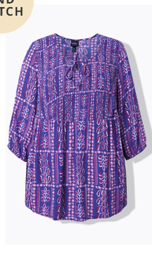 Blusa in crêpe con punto smock, fantasia, scollo a girocollo e maniche a 3/4