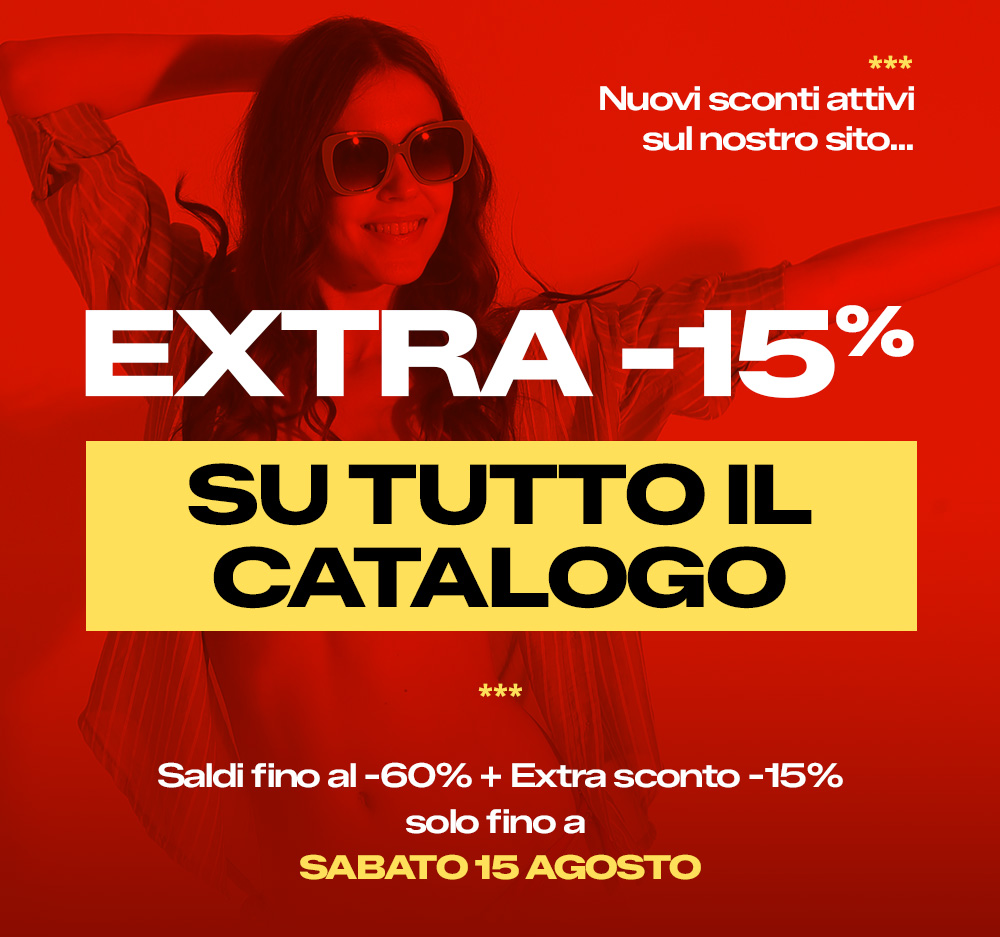 Smiling woman in sunglasses on red background with bold text 'Extra -15% on entire catalogue' and sale until Sat 15 Aug