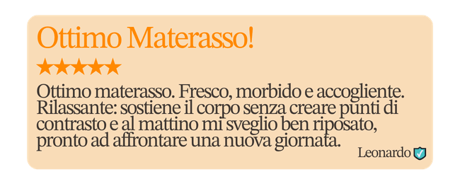 Ottimo Materasso! ★★★★★ Ottimo materasso. Fresco, morbido e accogliente. Rilassante: sostiene il corpo senza creare punti di contrasto e al mattino mi sveglio ben riposato, pronto ad affrontare una nuova giornata.