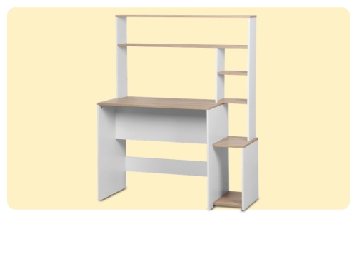 Compact white and light-wood computer desk with built-in hutch and open side shelving, minimalist study workspace